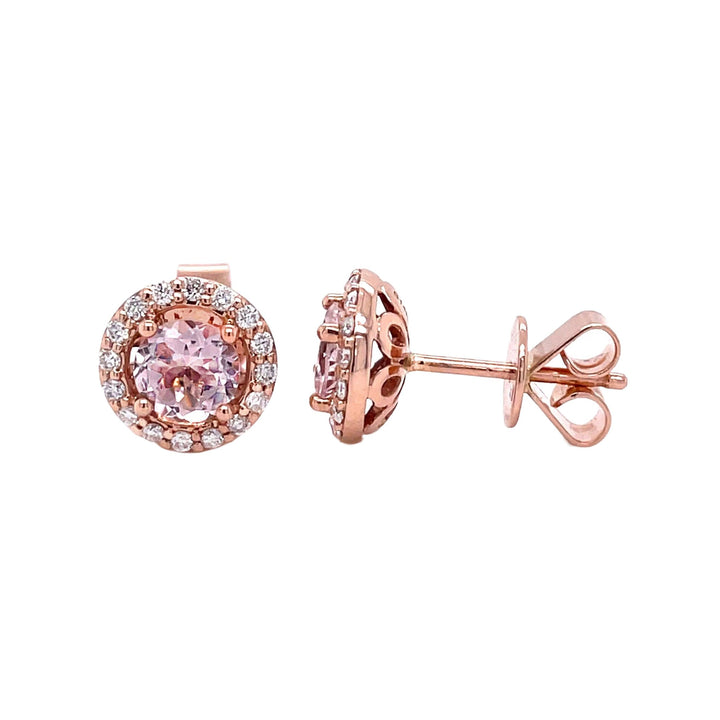 Morganite Diamond Halo Earrings 14K Rose Gold Round Morganite Studs - Rare Earth Jewelry