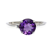 A round natural Amethyst ring in 14K or 18K Gold with a Fleur De Lis Design, February Birthstone Ring from Rare Earth Jewelry.