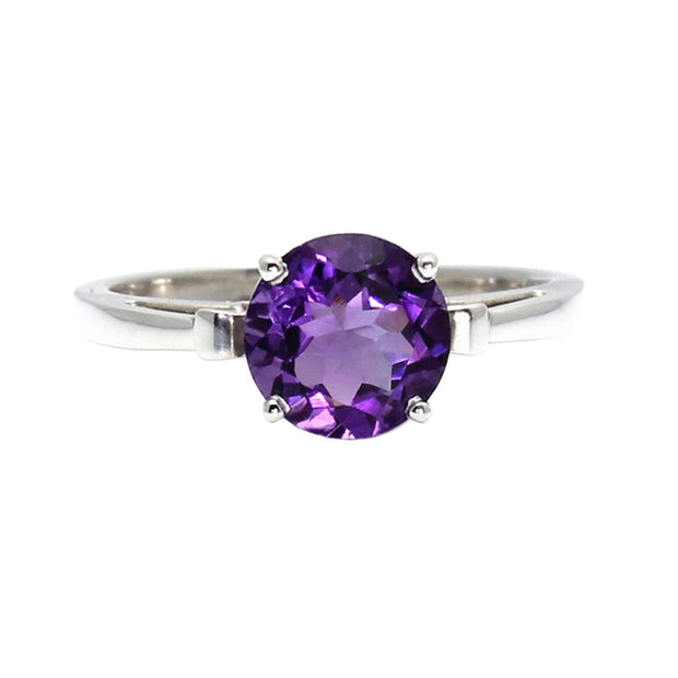 A round natural Amethyst ring in 14K or 18K Gold with a Fleur De Lis Design, February Birthstone Ring from Rare Earth Jewelry.