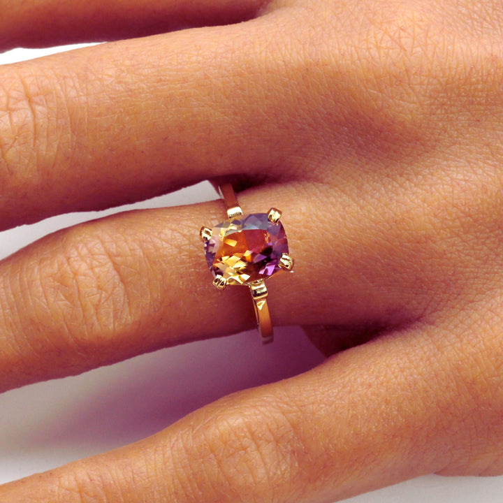Natural Ametrine Ring Fleur de Lis Design Unique Two Color Gemstone, on the Hand