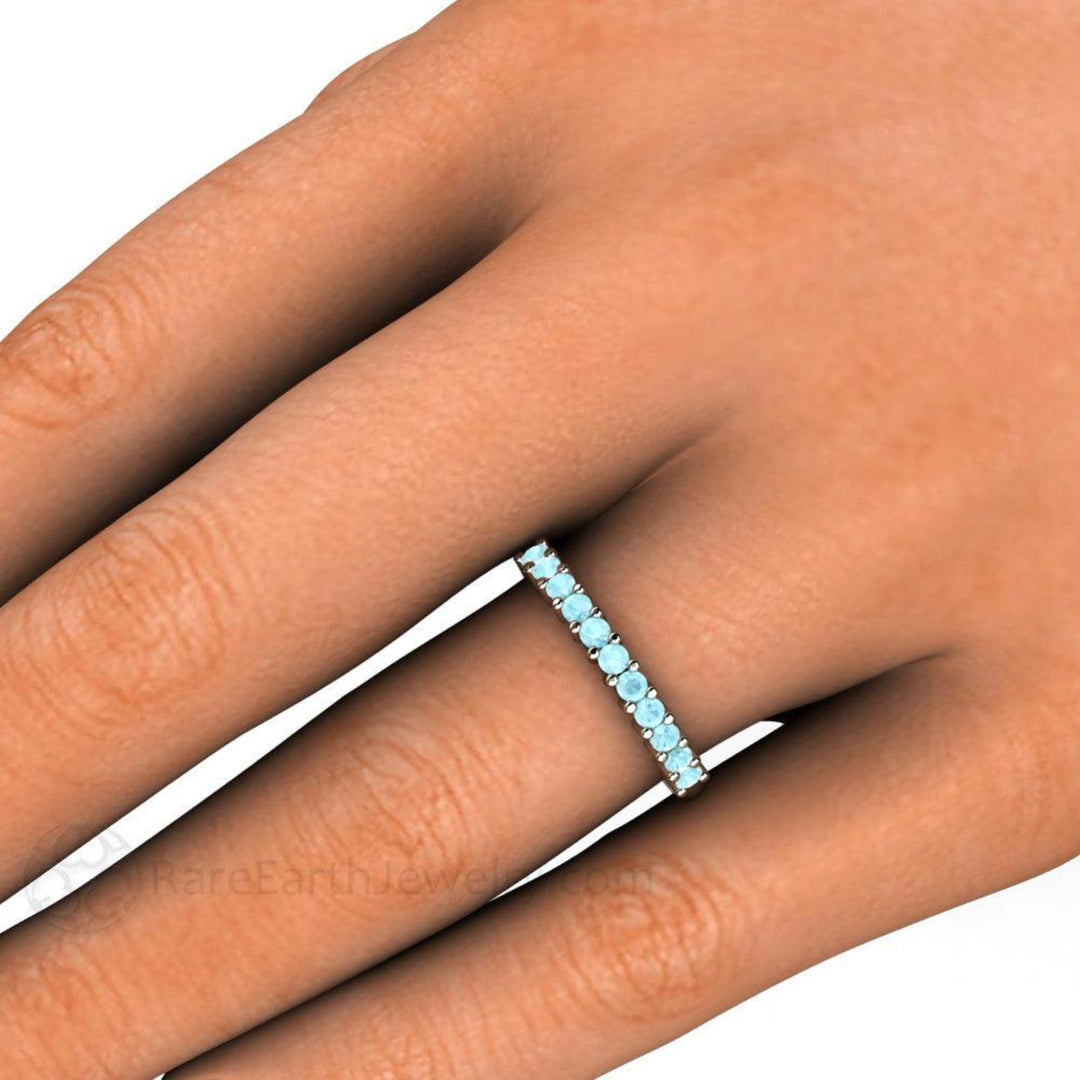 Natural Aquamarine Band March Birthstone Stacking Ring, anniversary band on the Hand