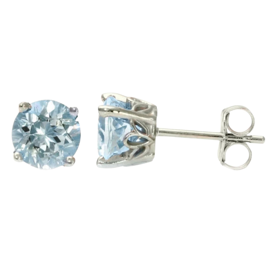 Natural Aquamarine Stud Earrings, 14K White Gold Round Aquamarine Earrings in 5mm, 6mm or 8mm Round, March Birthstone Earrings