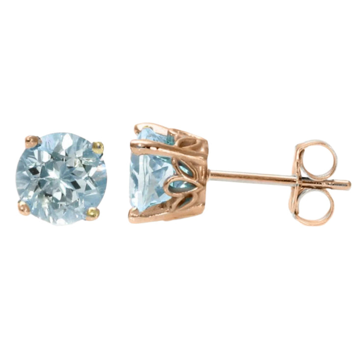 Natural Aquamarine Earrings 14K Gold Aquamarine Studs in 5mm, 6mm or 8mm Round, March Birthstone Earrings 14K Rose Gold - Rare Earth Jewelry