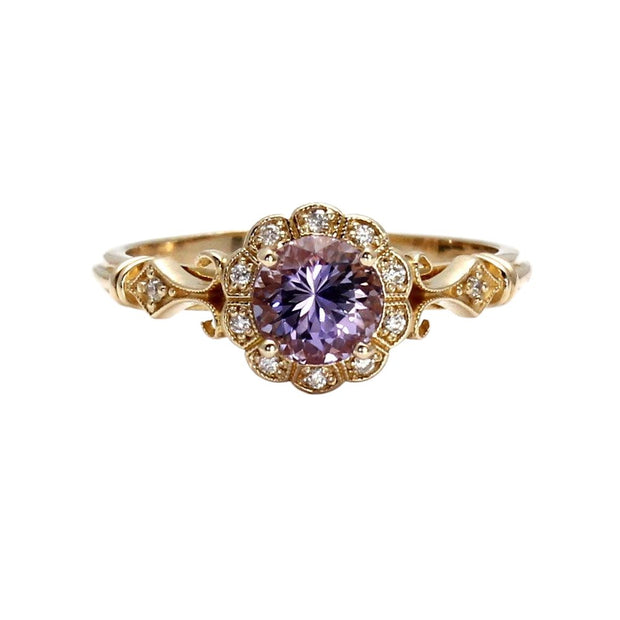 Natural Purple Sapphire Ring Art Deco Design with Diamonds 14K Yellow Gold - Rare Earth Jewelry
