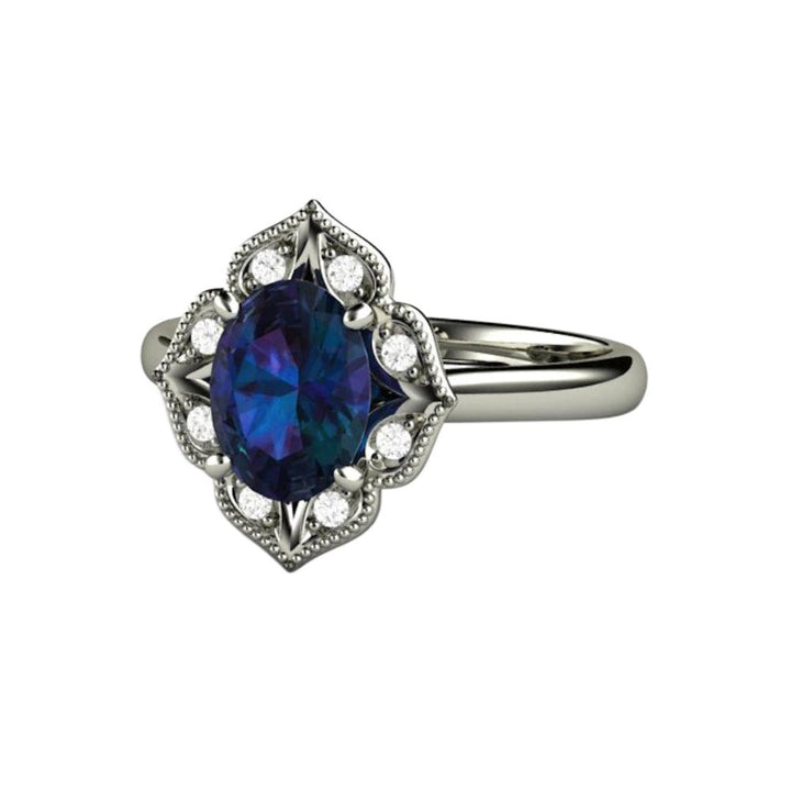 Oval Alexandrite Engagement Ring | Vintage Style Halo | Art Deco Design with Color Changing Gemstone