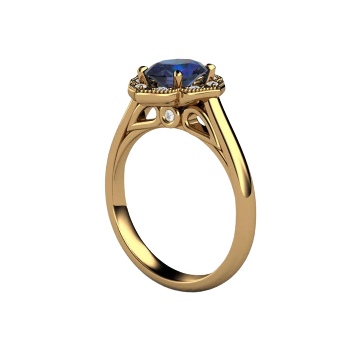 Oval Alexandrite Engagement Ring | Art Deco Vintage Halo Side View Showing Hidden Diamond in Gallery - 18K Yellow Gold