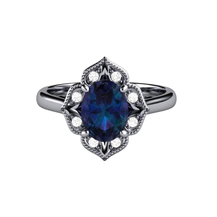 Platinum Alexandrite Ring with an Art Deco Design Oval Alexandrite Engagement Ring, Unique Color Change Stone