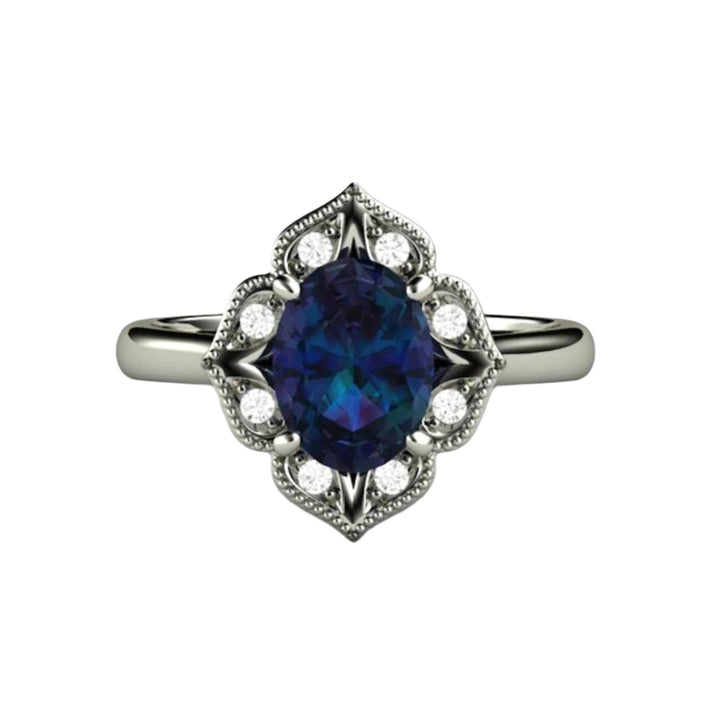 Oval Alexandrite Engagement Ring | Vintage Style Halo | Art Deco Design with Color Changing Gemstone