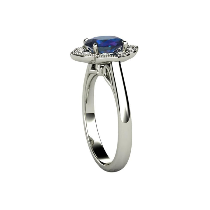 Oval Alexandrite Engagement Ring | Vintage Style Halo | Art Deco Design with Color Changing Gemstone - Side View