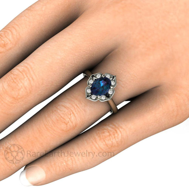 Oval Alexandrite Engagement Ring | Art Deco Vintage Halo with Color Changing Gemstone - Shown on the Hand