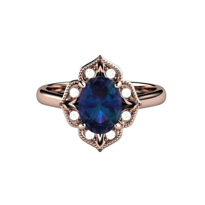 Rose Gold Alexandrite Engagement Ring, Vintage Style Halo Color Changing Gemstone