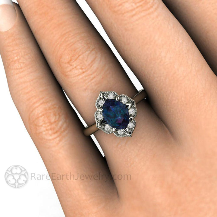 Art Deco Alexandrite Engagement Ring,  Vintage Inspired Oval Alexandrite Ring on the Hand