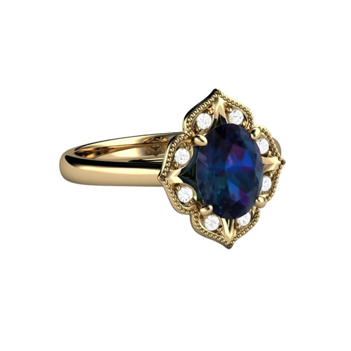 Antique Style Alexandrite Ring, Oval Lab Created Alexandrite Engagement Ring with an Art Deco Inspired Design in 14K Yellow Gold