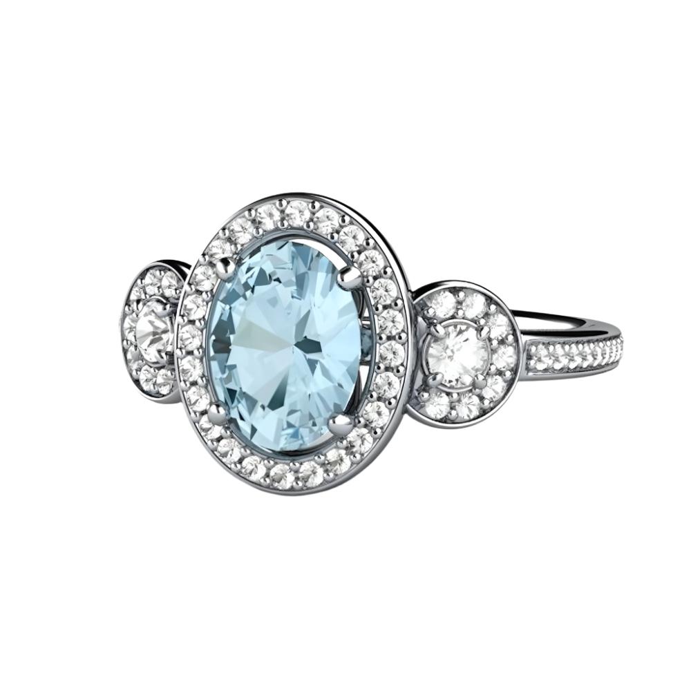 Oval Aquamarine Engagement Ring with Three-Stone Diamond Halo Setting, Natural Aquamarine Ring with Diamond Accents in Gold or Platinum from Rare Earth Jewelry.