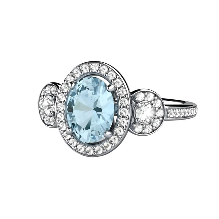 Oval Aquamarine Engagement Ring with Three-Stone Diamond Halo Setting, Natural Aquamarine Ring with Diamond Accents in Gold or Platinum