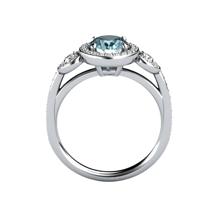 Oval Aquamarine Engagement Ring,  Three-Stone Diamond Halo Setting thru the finger view