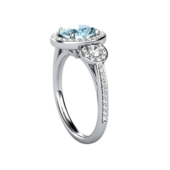 Oval Aquamarine Engagement Ring, Three-Stone Diamond Halo Setting with Diamond Accented Band and Trio Design