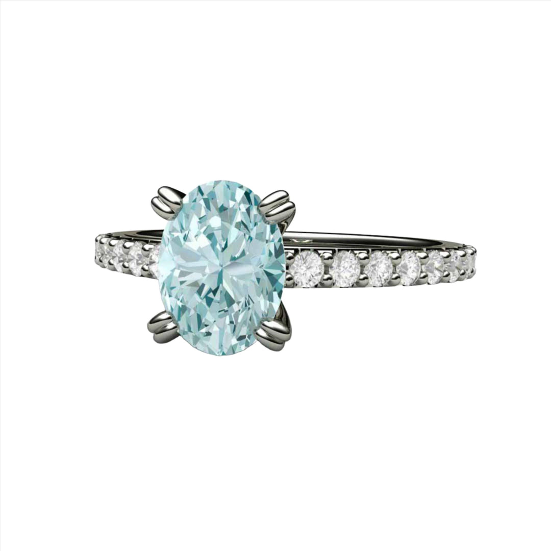 Oval Aquamarine Solitaire Engagement Ring with Pave Diamonds, Double Prong Set in Gold or Platinum