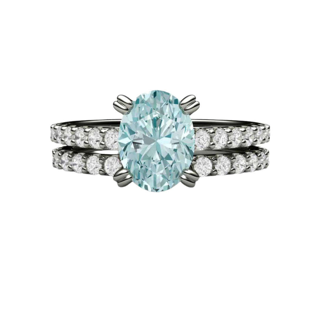 Oval Aquamarine Solitaire Engagement Ring with Pave Diamonds, Double Prong Set in Gold or Platinum -14K White Gold Wedding Set - Rare Earth Jewelry