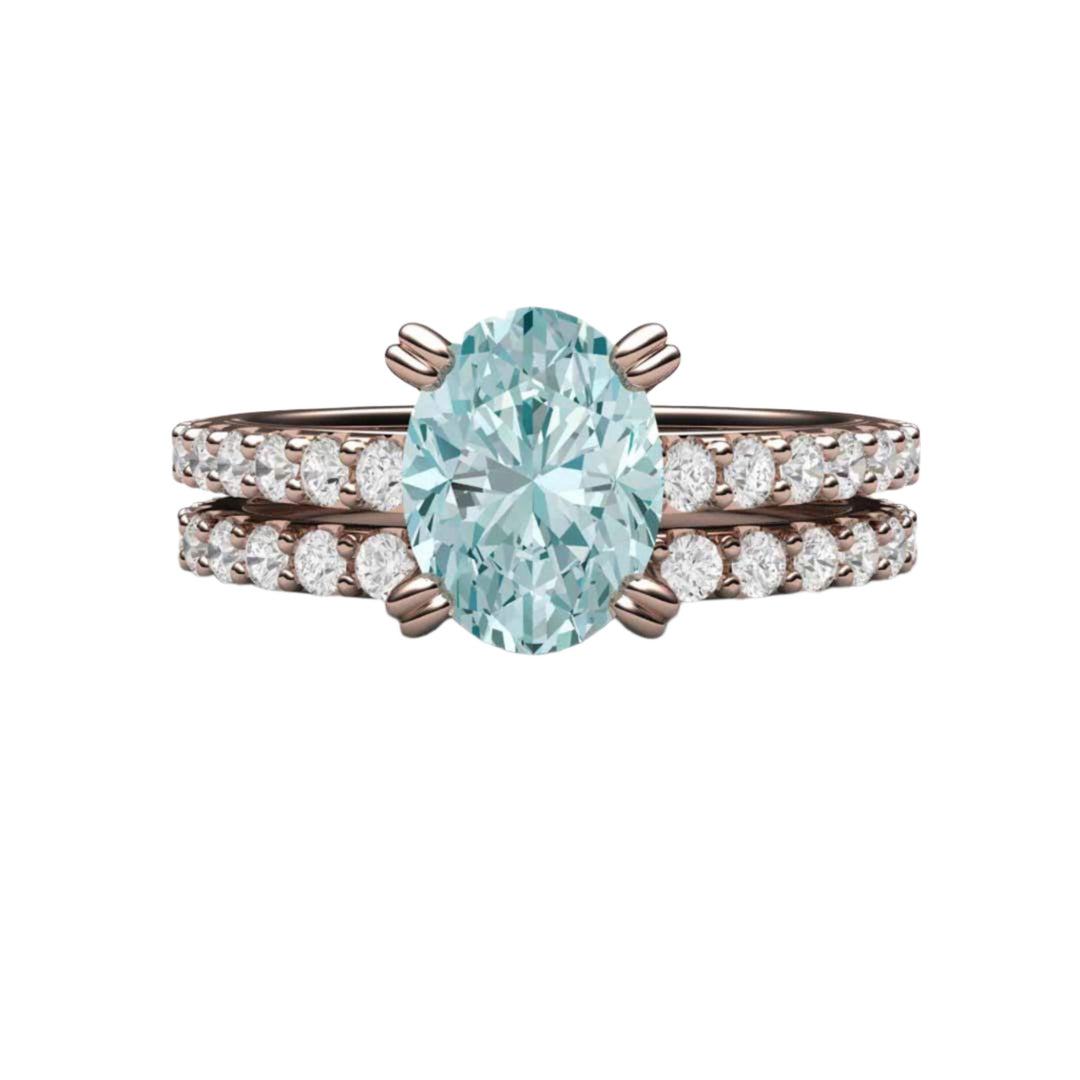 18K Rose Gold Aquamarine Engagement Ring in Diamond Accented Sollitaire Setting - Bridal Set - Rare Earth Jewelry