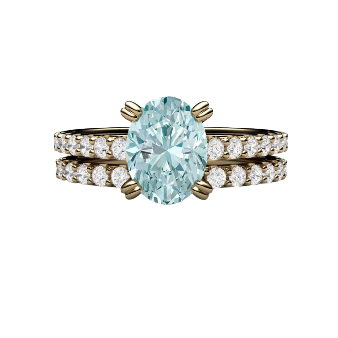 Oval Aquamarine Solitaire Engagement Ring with Pave Diamonds - Rare Earth Jewelry