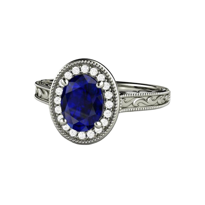 Art Deco Oval Blue Sapphire Engagement Ring Filigree Engraved - Rare Earth Jewelry