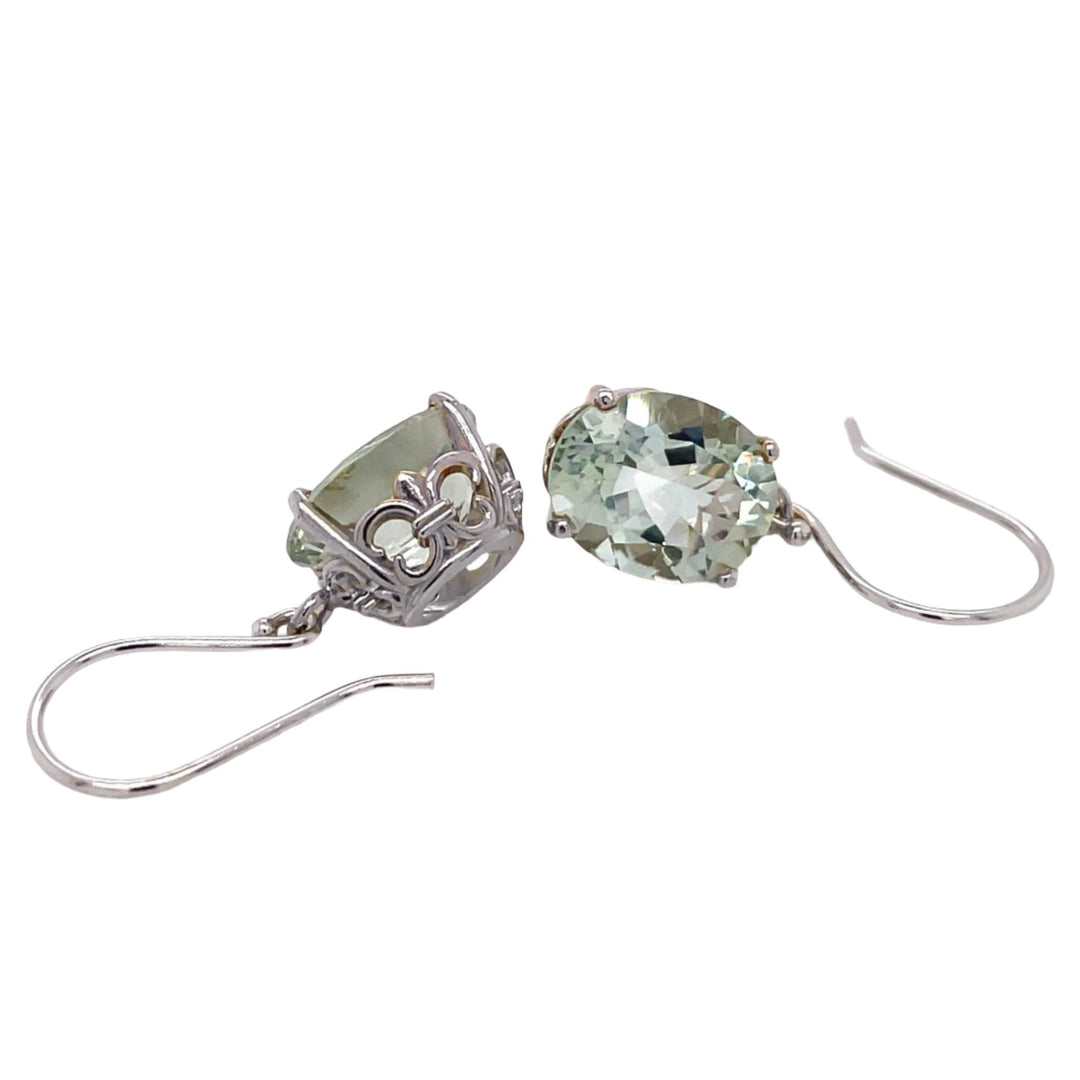 Oval Green Amethyst Drop Earrings | 14K Gold Fleur de Lis Design with Pastel Gemstones - Rare Earth Jewelry