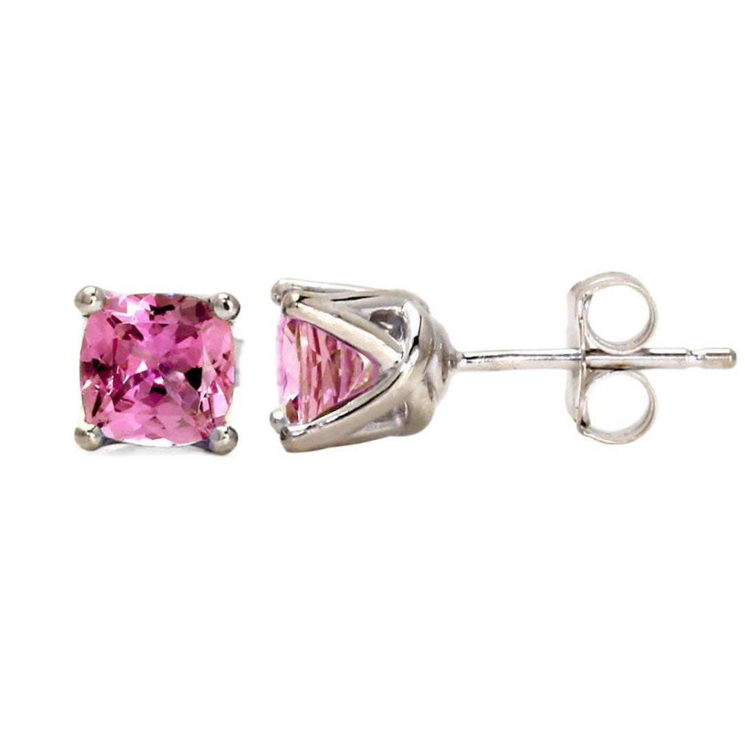 Pink Sapphire Earrings in 14K Gold Square Cushion Cut Studs, Rare Earth Jewelry