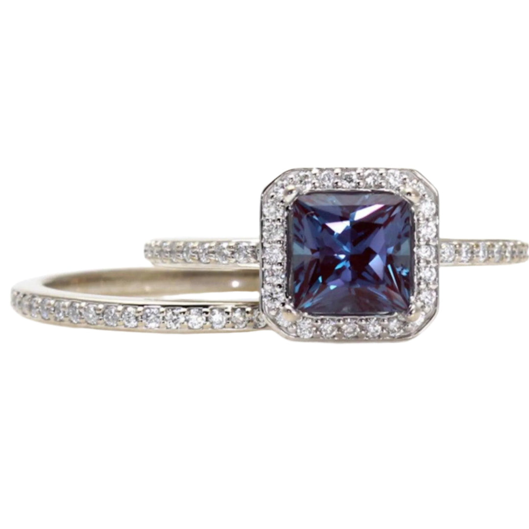 Princess Cut Alexandrite Engagement Ring and Matching Diamond Wedding Band, Lab Grown Alexandrite Wedding Set in Gold or Platinum