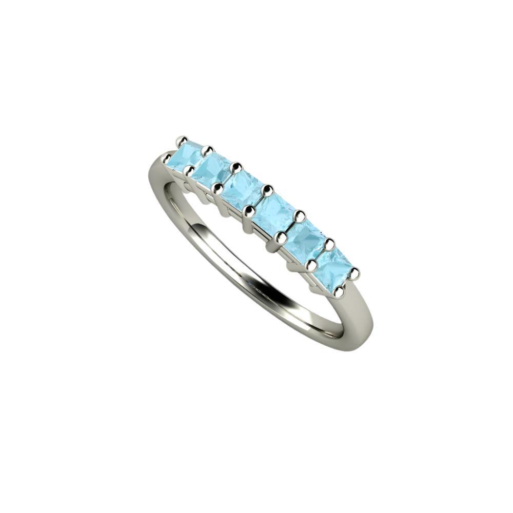 Princess Cut Aquamarine Anniversary Band | 6 Stone Stackable Ring in Gold or Platinum - Rare Earth Jewelry