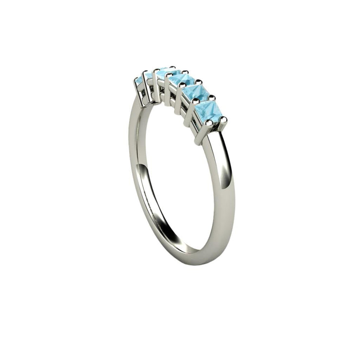 Princess Cut Aquamarine Anniversary Band | 6 Stone Stackable Ring in Gold or Platinum - Side View  - Rare Earth Jewelry