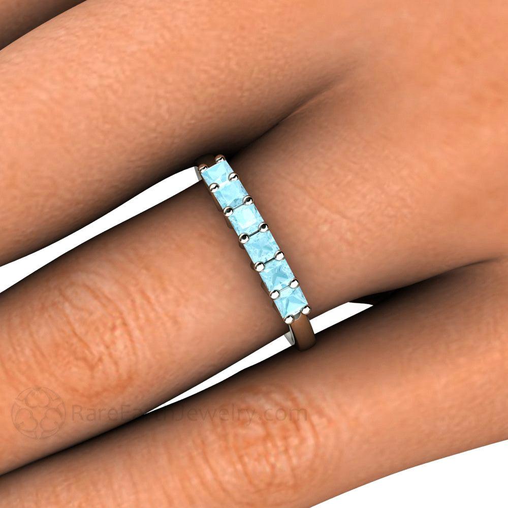 Princess Cut Aquamarine Anniversary Band | 6 Stone Stackable Ring in Gold or Platinum - Shown on the Finger - Rare Earth Jewelry