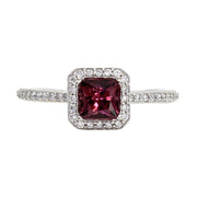 A princess cut natural Rhodolite Garnet ring with diamond halo in Gold or Platinum, January Birthstone ring from Rare Earth Jewelry.