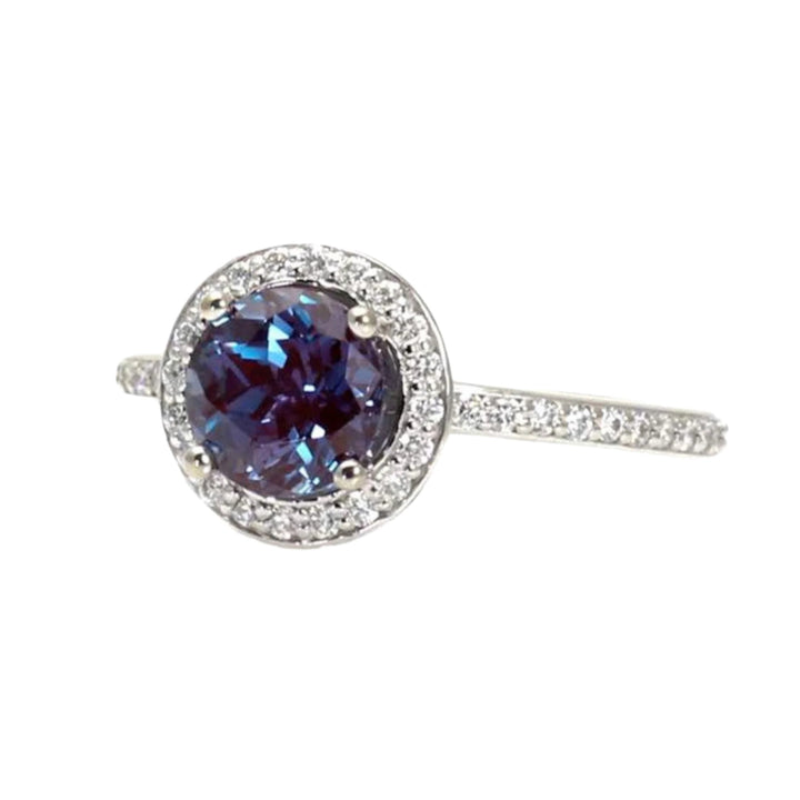 Lab Created Alexandrite Engagement Ring with Diamond Halo June Birthstone