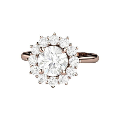 A lovely vintage style Forever One Moissanite engagement ring in a flower-shaped cluster desing. The center stone is a 7mm round Colorless Charles & Colvard Moissanite, equivalent in size to a 1.25ct diamond. Such a gorgeous feminine halo design!