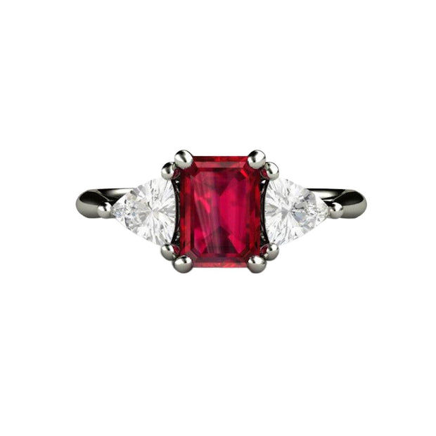 3 Stone Ruby Engagement Ring Emerald Cut with White Sapphire Trillions 14K White Gold - Engagement Only - Rare Earth Jewelry