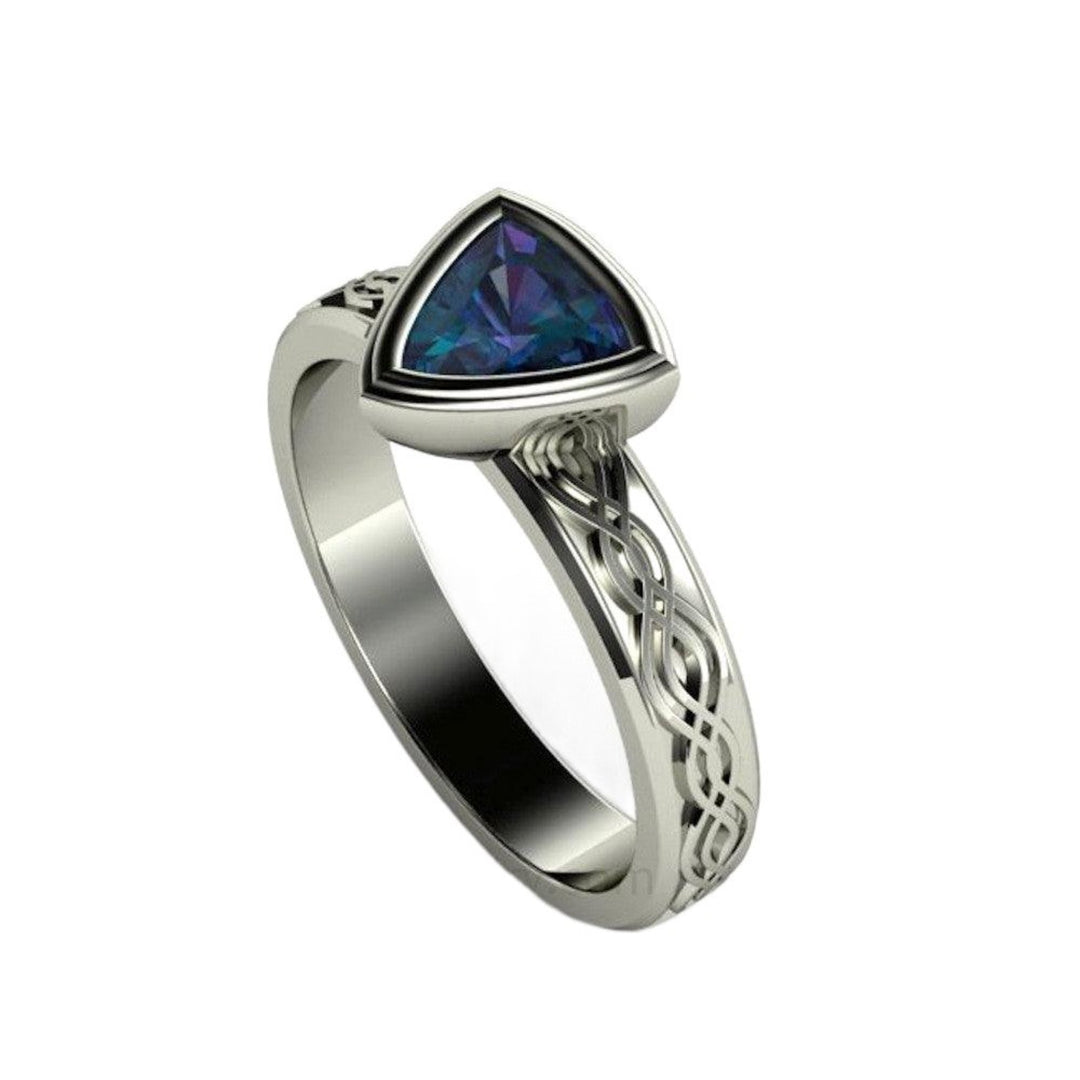 Alexandrite Engagement Ring in Platinum | Color Change Gemstone | Modern Design with Wave Pattern Band