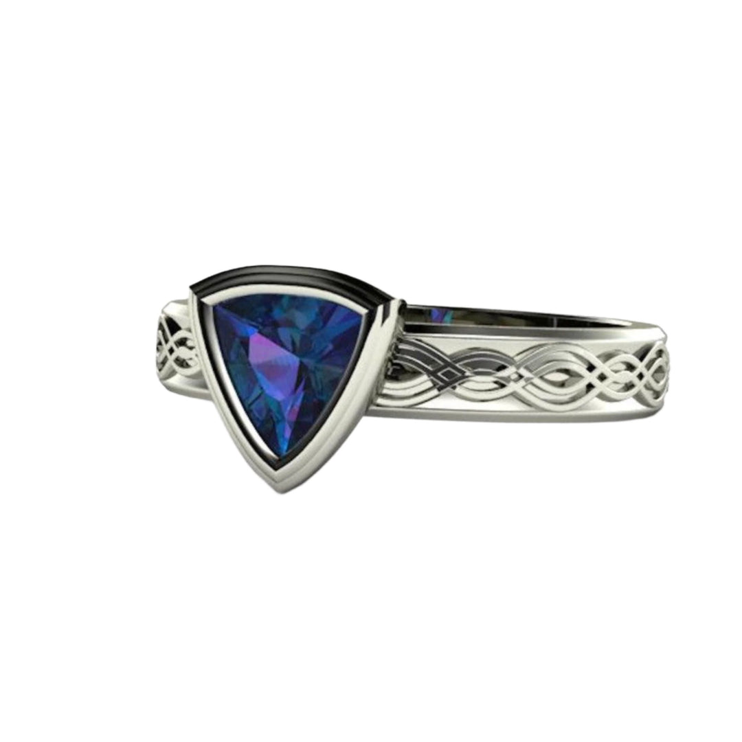 Alexandrite Trillion Ring with Modern Bezel Setting and Wave Design on the Band in Gold or Platinum - Rare Earth Jewelry.