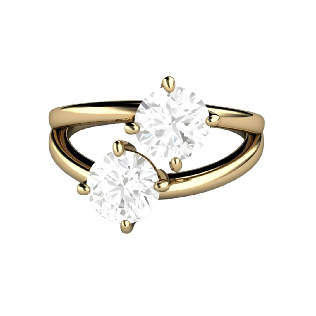 2 Stone Lab Grown Engagement Ring, Colorless Forever One Moissanite Ring, 14K Yellow Gold