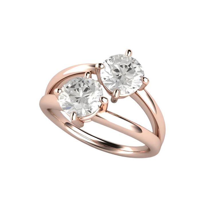 Round 2 Stone Moissanite Ring, Lab Created Duo Engagement Ring, 18K Rose Gold