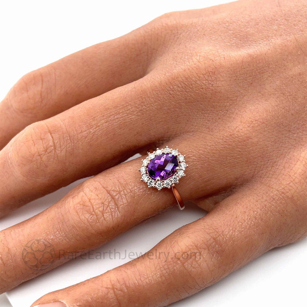 Vintage Inspired Amethyst and Diamond Ring | Oval Amethyst with Diamond Halo, Rare Earth Jewelry