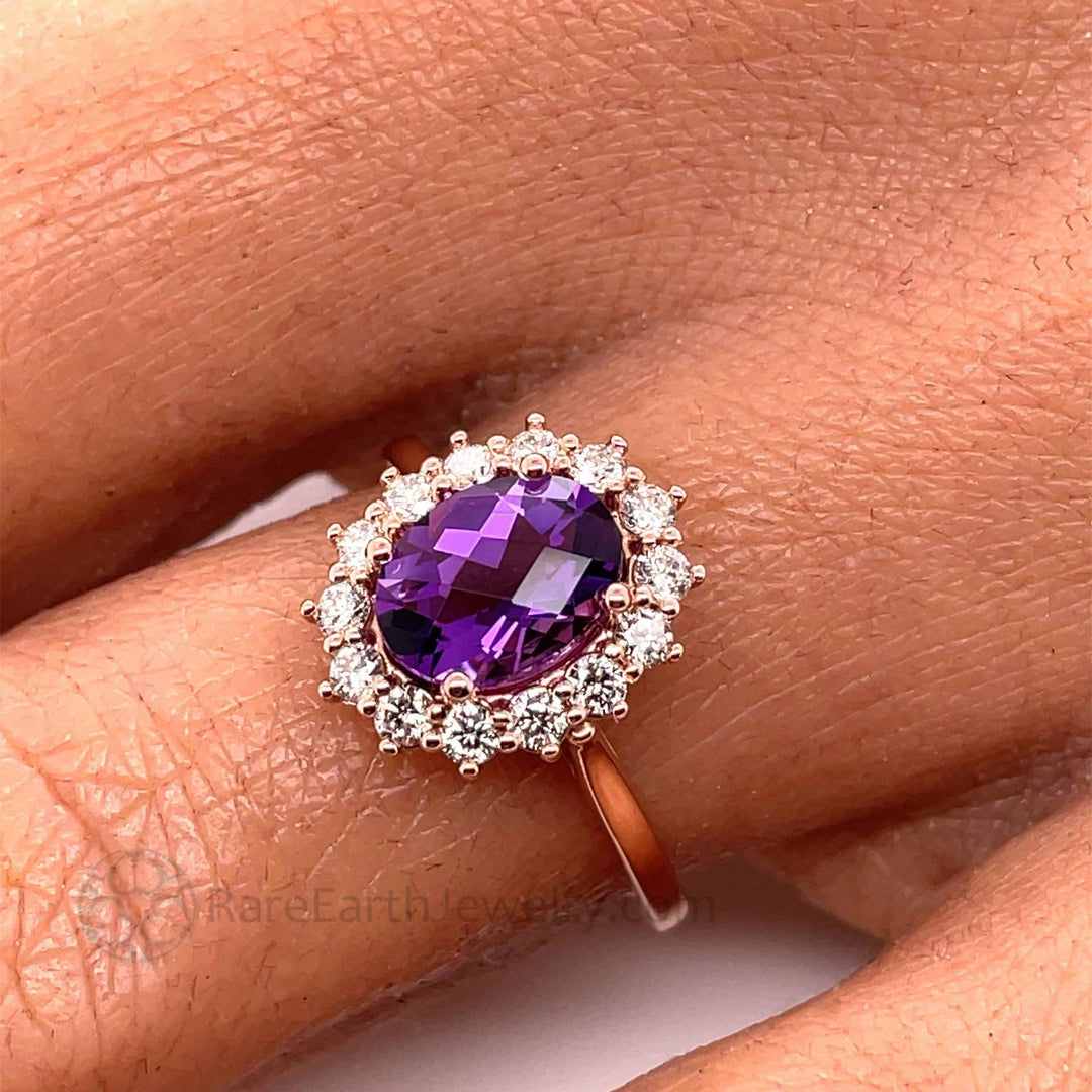 Vintage Inspired Amethyst and Diamond Ring | Oval Amethyst with Diamond Halo, Rare Earth Jewelry