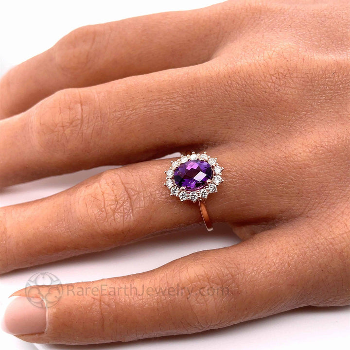 Vintage Inspired Amethyst and Diamond Ring | Oval Amethyst with Diamond Halo, Rare Earth Jewelry
