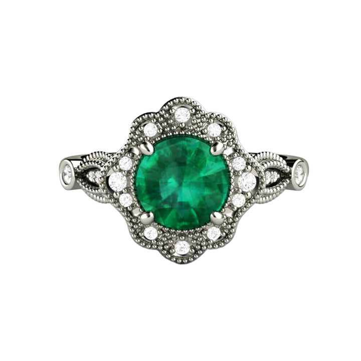 Vintage Inspired Green Emerald Engagement Ring Art Deco Ornate Halo - Rare Earth Jewelry