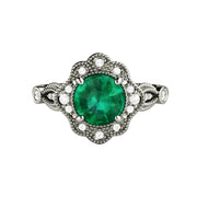 Vintage Inspired Green Emerald Engagement Ring Art Deco Ornate Halo 14K White Gold - Engagement Only - Rare Earth Jewelry
