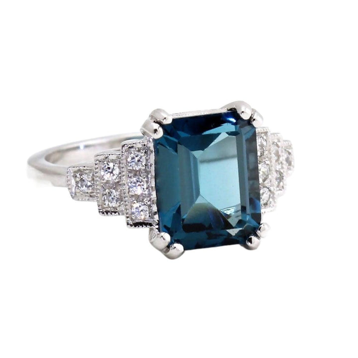 Vintage London Blue Topaz Ring, December Birthstone Ring, Emerald Cut, Gold and Platinum