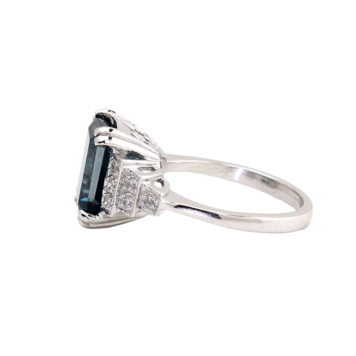 Vintage London Blue Topaz Ring, Art Deco Style with Diamonds, Side View