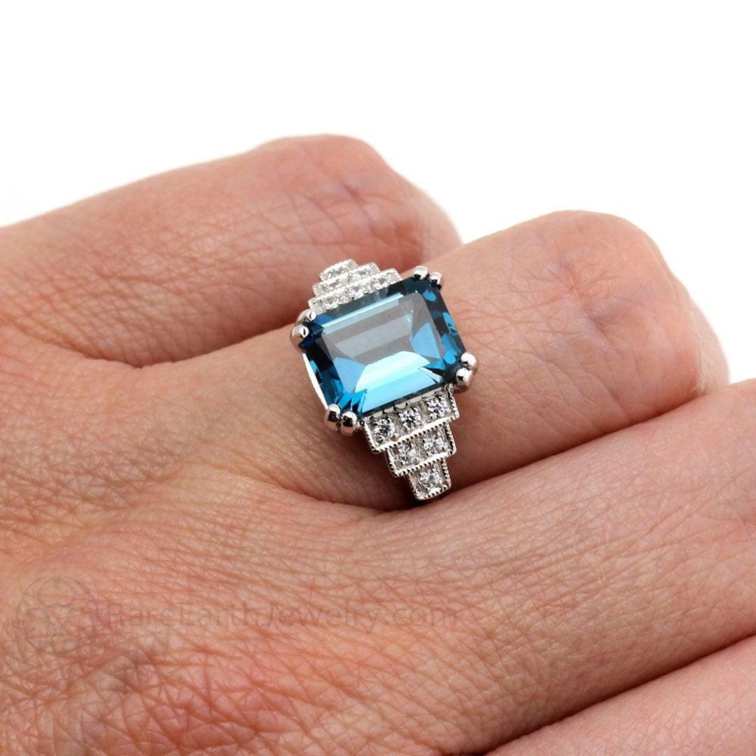 Vintage London Blue Topaz Ring, Art Deco Design, Emerald Cut London Blue Topaz Ring on the Hand