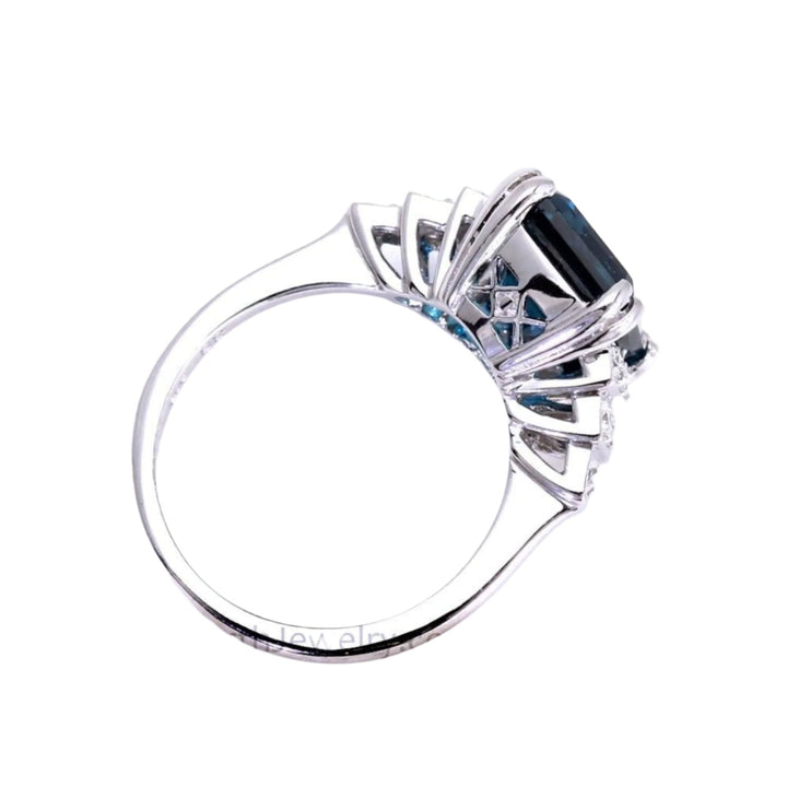 Art Deco London Blue Topaz Ring, Antique Style Topaz Ring, Diamonds and Milgrain