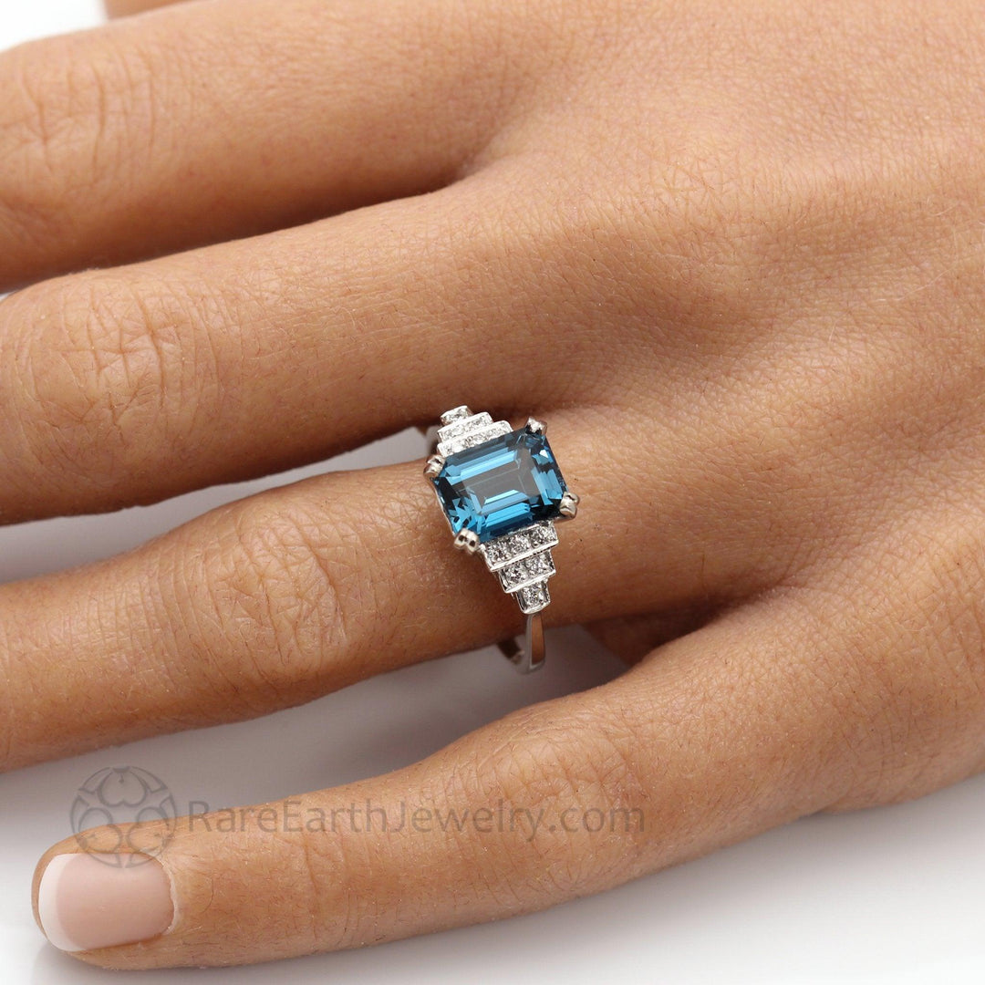 Vintage Inspired London Blue Topaz Engagement Ring, Topaz Statement Ring, Shown on the Hand